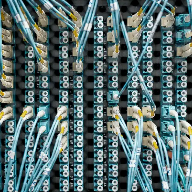 Fibres optiques connectées aux ports d'une salle technique