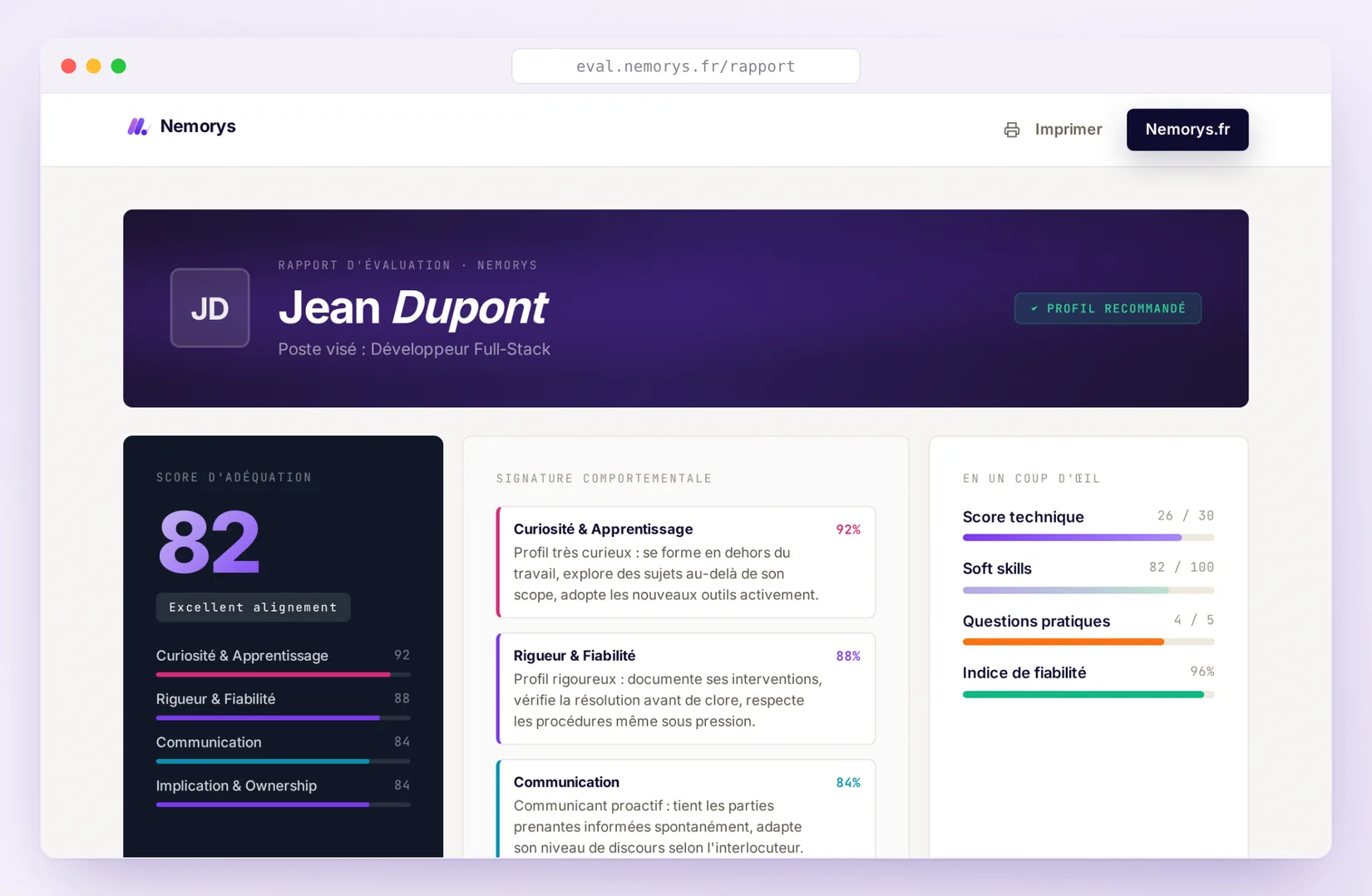 Rapport d'évaluation Nemorys : score d'adéquation et lecture par dimension