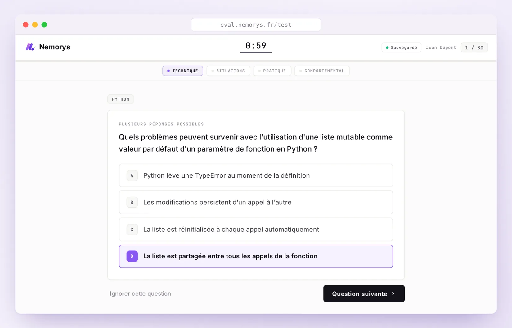 Écran de test candidat : une question technique à choix multiple sur la plateforme Nemorys